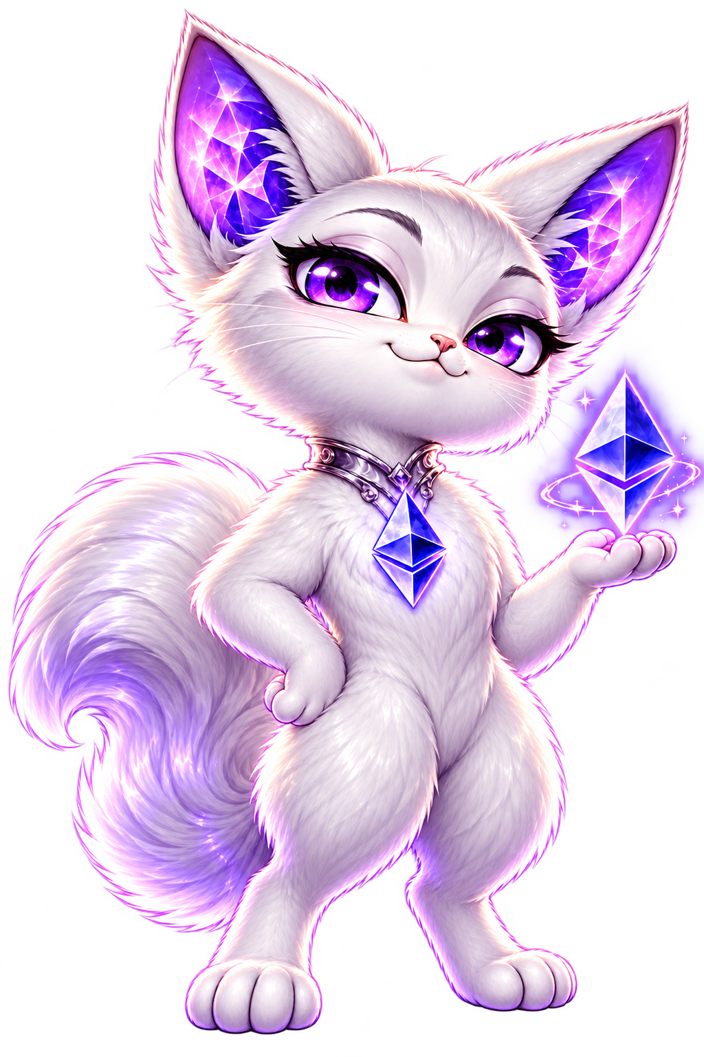 Silver-white Ethercat with violet eyes, crystalline ears, and an Ethereum diamond pendant, holding another glowing diamond
