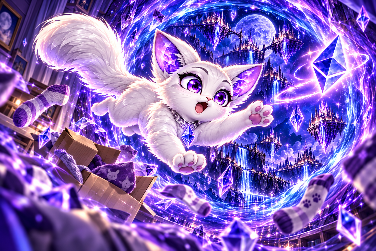 Ethercat leaps after a diamond through a violet portal, followed by socks and a cardboard box