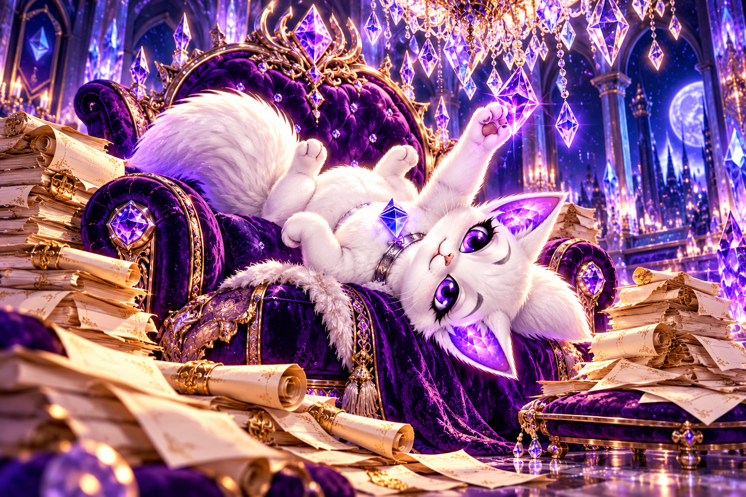 Ethercat lounges on a royal throne while unread paperwork covers the floor